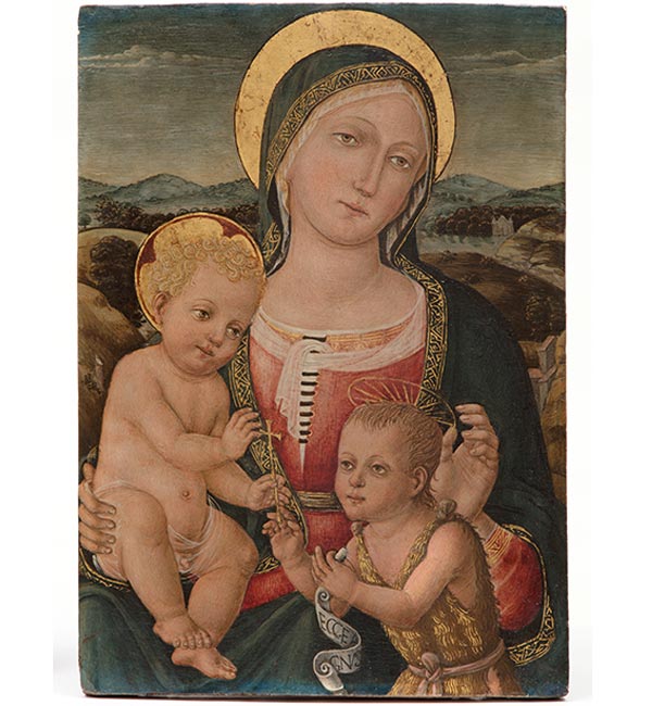 Matteo di Giovanni c.1428-95 Italy, Madonna and Child with St John the Baptistc.1490 oil and tempera on softwood H57.4 x 39.5 cm Acquired 2017 Australian Catholic University Art Collection